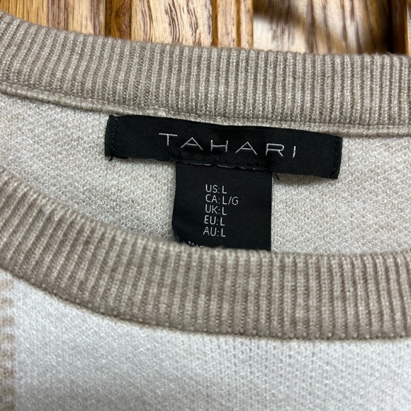 Tahari Tan and White Crew Neck Sweater with Ribbed Cuffs - Picture 3 of 3